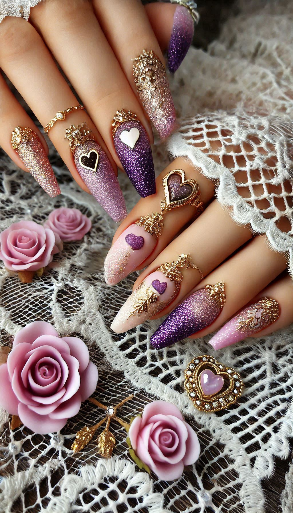 Mesmerizing Glitter Nail Art Ideas to Turn Heads | Pocoko Sparkle and shine with purple, pink, and red ombre nails finished with golden glitter. A chic and glamorous look that’s sure to impress!
