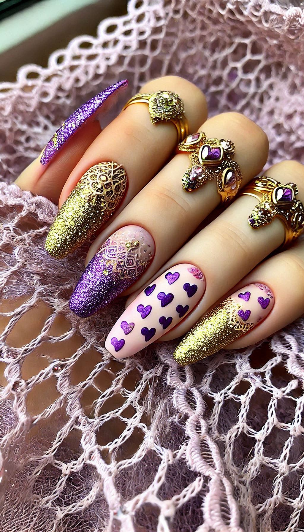 Mesmerizing Glitter Nail Art Ideas to Turn Heads | Pocoko Add some glam to your nails with purple, pink, and red ombre topped with golden glitter. A dazzling choice for a fabulous manicure!