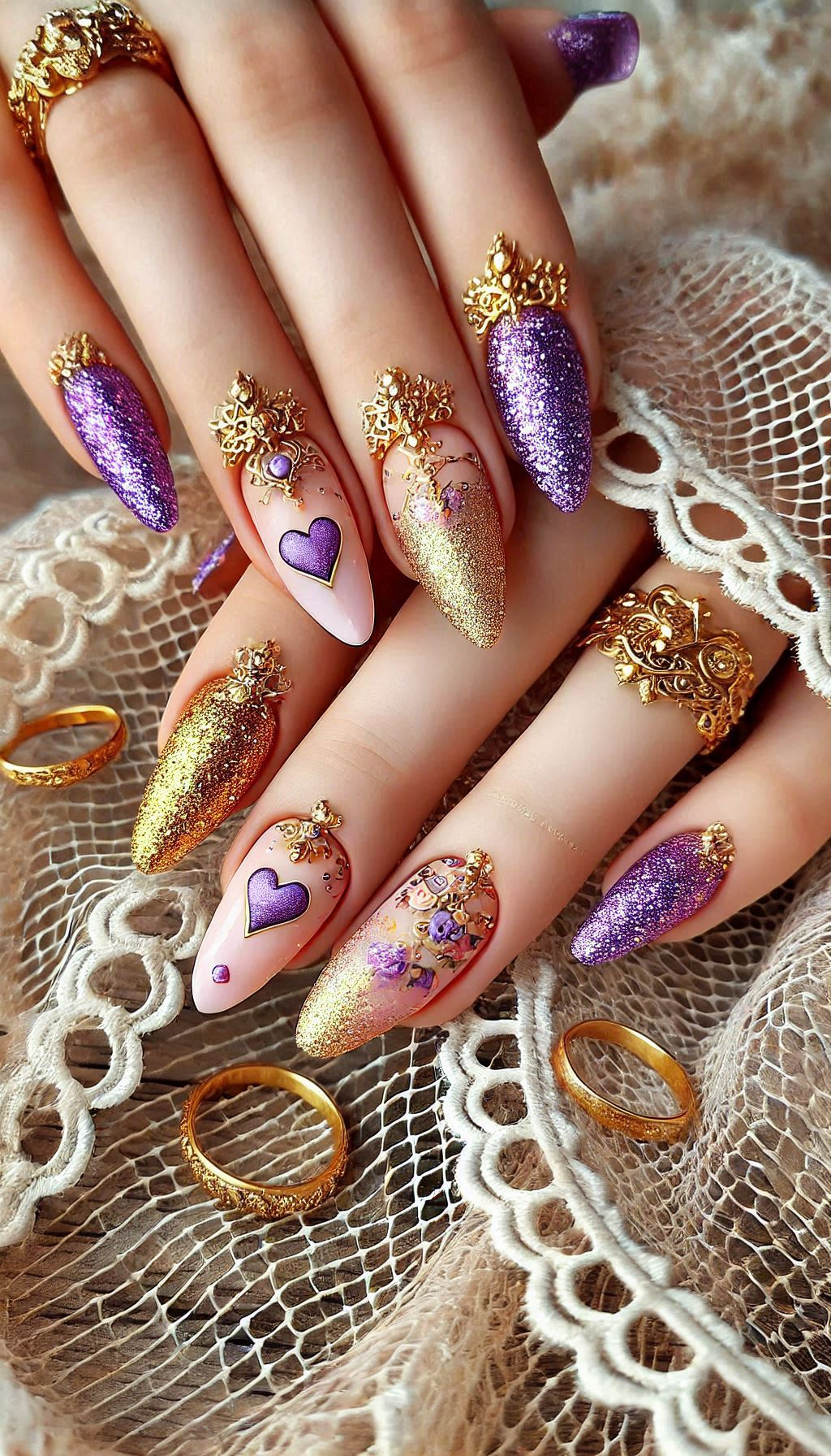 Mesmerizing Glitter Nail Art Ideas to Turn Heads | Pocoko Transform your nails with purple, pink, and red ombre accented with golden glitter. Bold, beautiful, and absolutely stunning!
