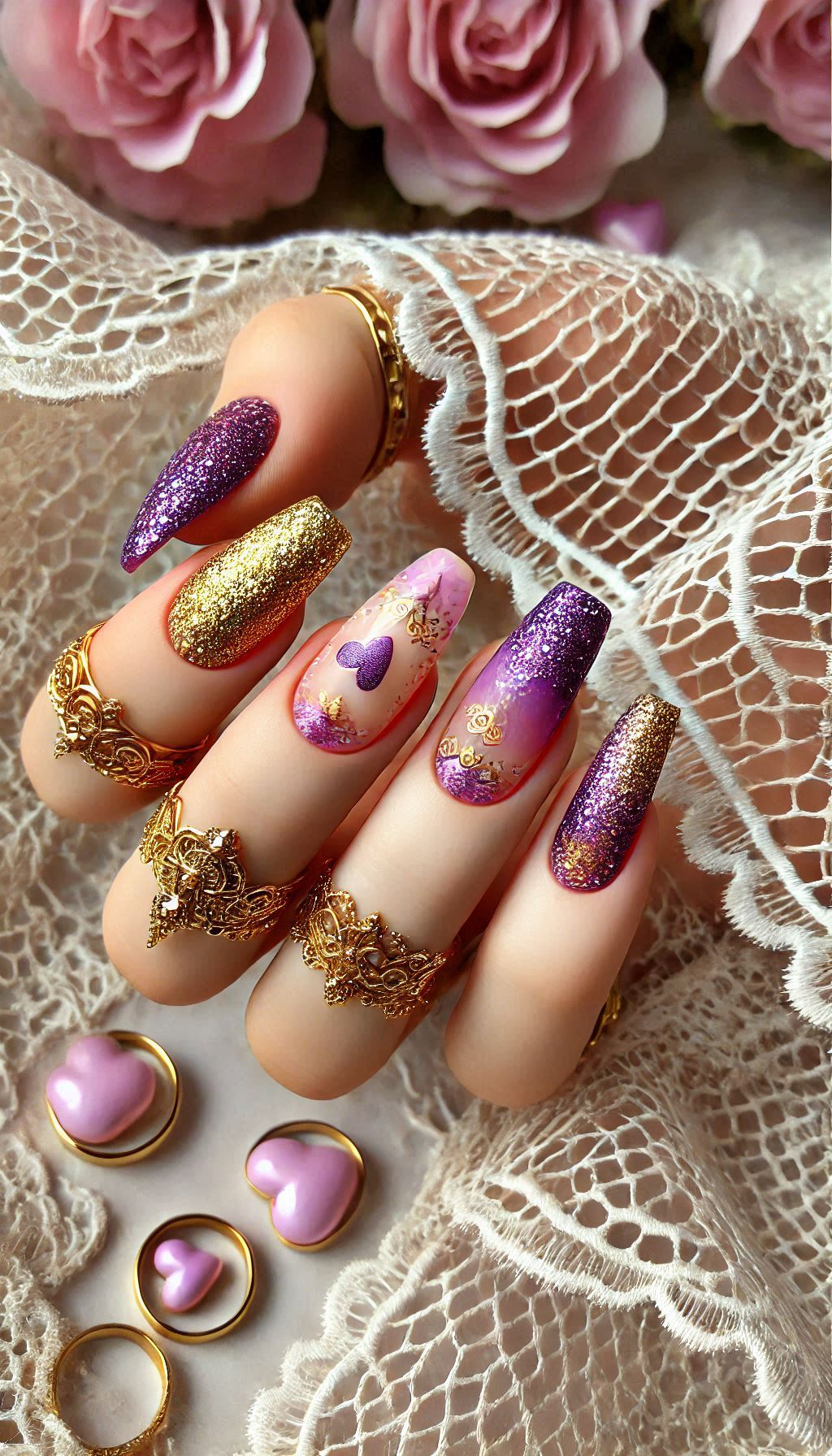 Mesmerizing Glitter Nail Art Ideas to Turn Heads | Pocoko Turn your nails into a work of art with purple, pink, and red ombre nails accented with golden glitter. Perfect for a show-stopping look!