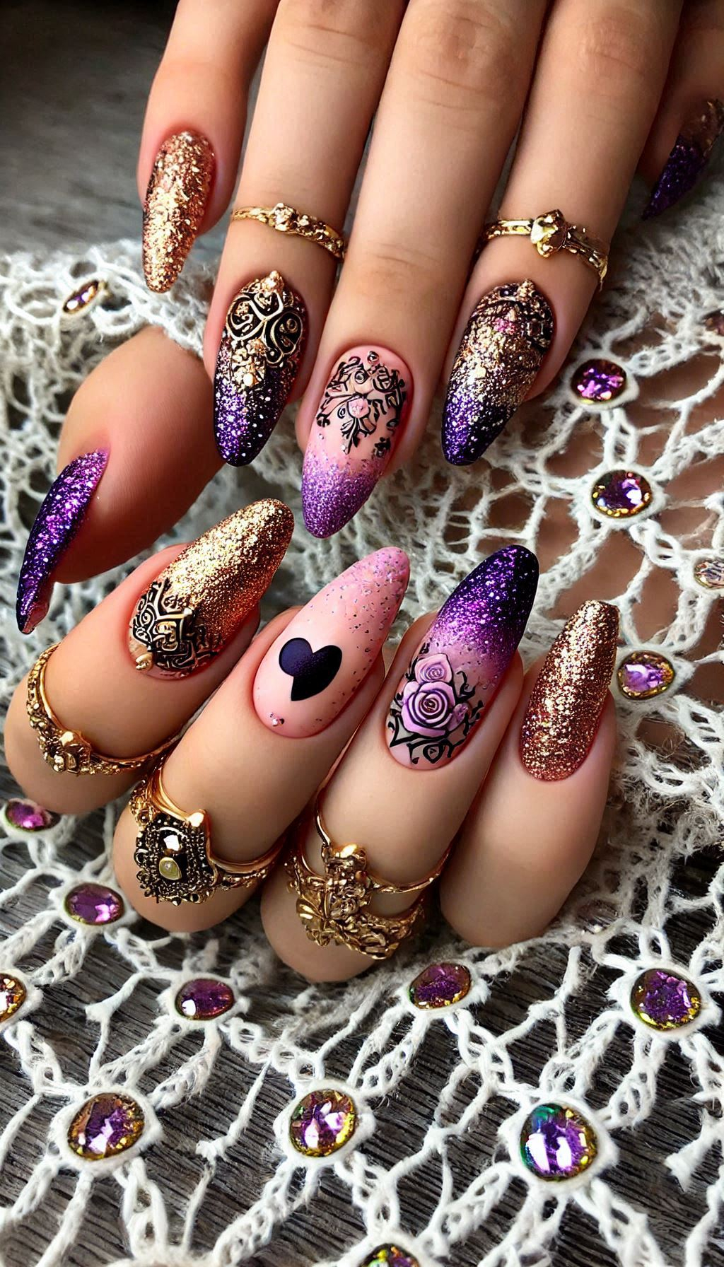 Mesmerizing Glitter Nail Art Ideas to Turn Heads | Pocoko Add some sparkle to your ombre nails with shades of purple, pink, and red, finished with golden glitter. Glamorous and gorgeous!