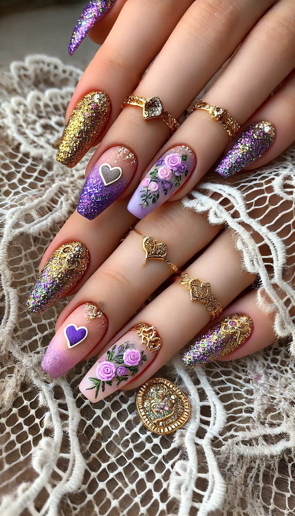 Mesmerizing Glitter Nail Art Ideas to Turn Heads | Pocoko Purple, pink, and red ombre nails with golden glitter are the ultimate in chic elegance. A stunning combination for any occasion!