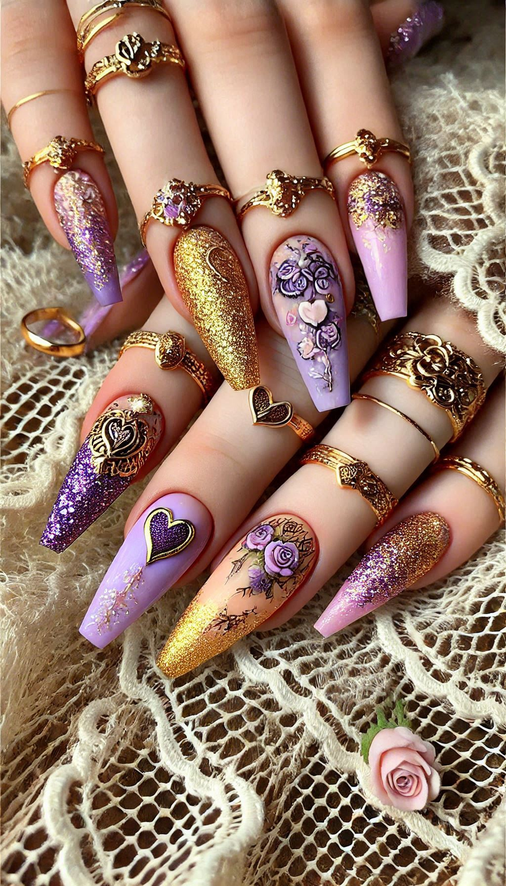 Mesmerizing Glitter Nail Art Ideas to Turn Heads | Pocoko Elevate your nail game with a blend of purple, pink, and red ombre topped with golden glitter. A bold and beautiful look!