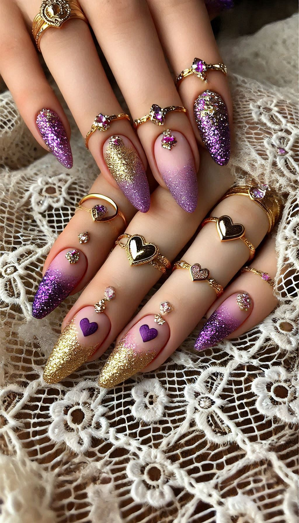 Mesmerizing Glitter Nail Art Ideas to Turn Heads | Pocoko Get ready to dazzle with purple, pink, and red ombre nails accented with golden glitter. A perfect mix of colors and sparkle!