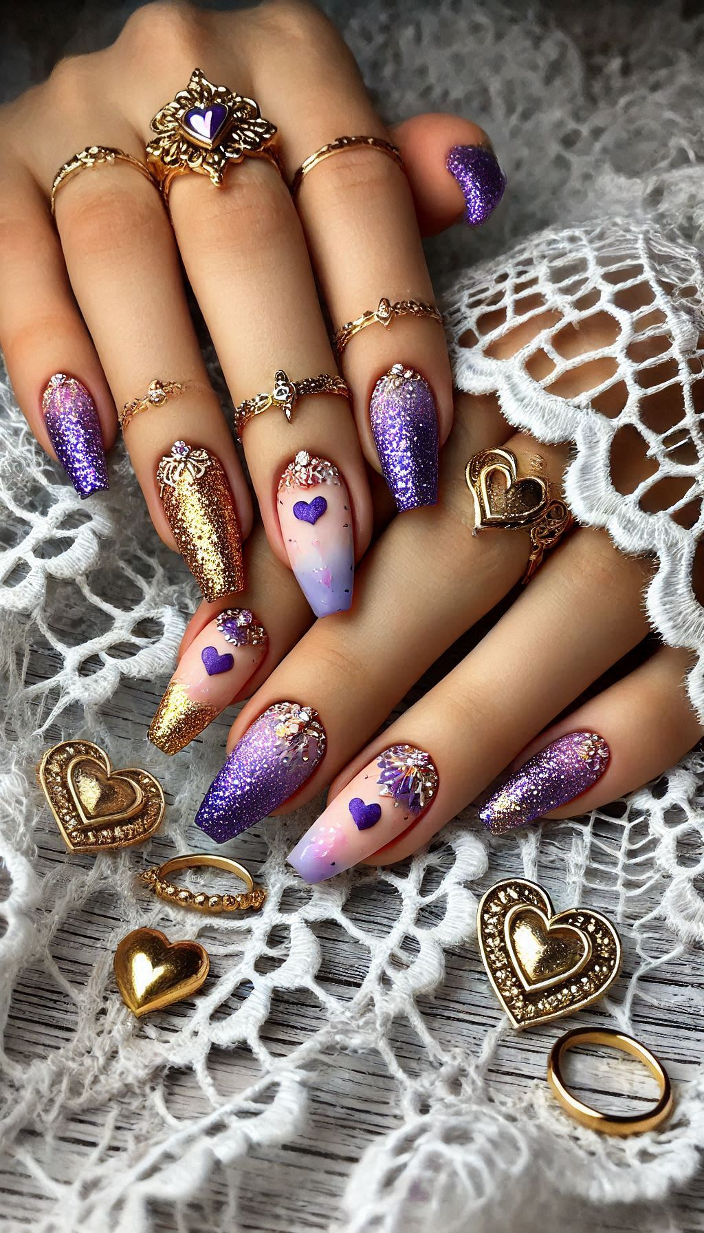 Mesmerizing Glitter Nail Art Ideas to Turn Heads | Pocoko Make a statement with purple, pink, and red ombre nails finished with golden glitter. Bold, beautiful, and eye-catching!