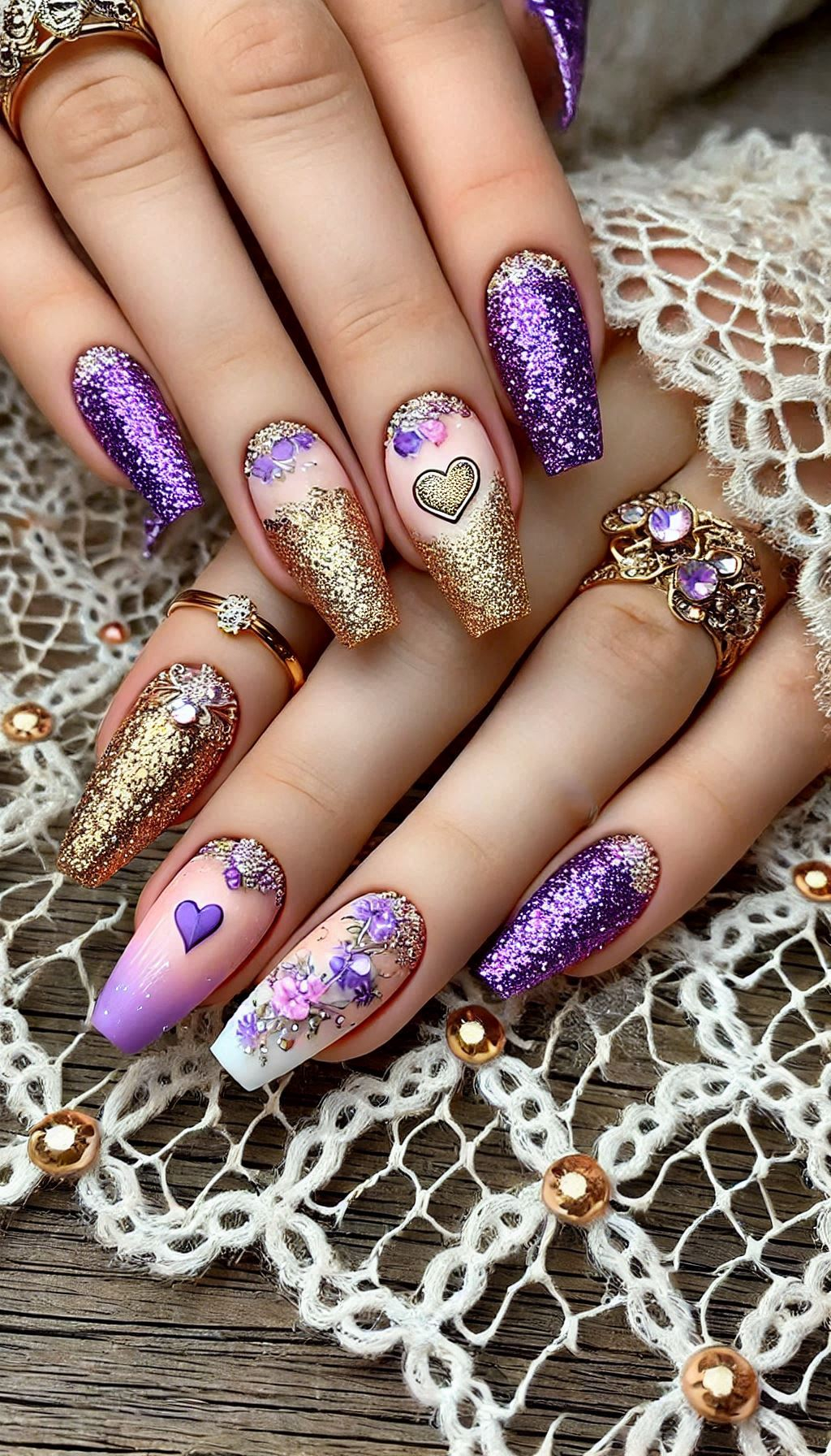 Mesmerizing Glitter Nail Art Ideas to Turn Heads | Pocoko Turn heads with purple, pink, and red ombre nails topped with golden glitter. The perfect blend of vibrant colors and dazzling sparkle!