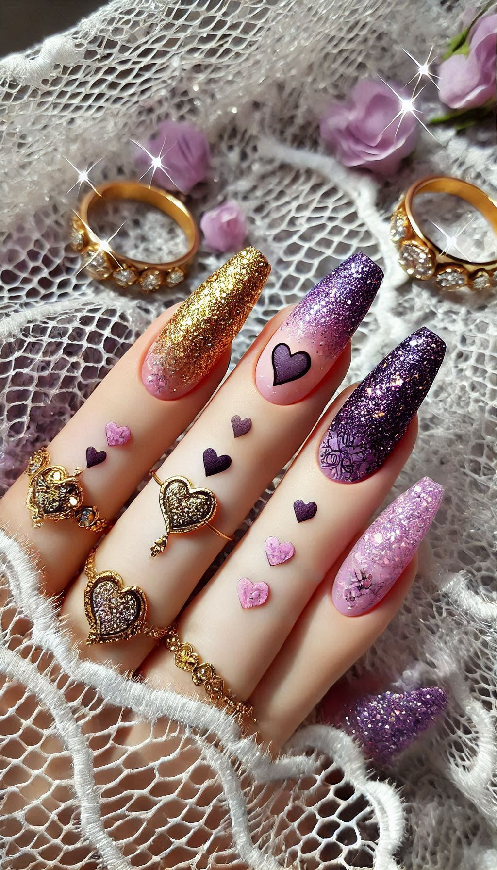 Mesmerizing Glitter Nail Art Ideas to Turn Heads | Pocoko Purple, pink, and red ombre nails with golden glitter add a touch of luxury and fun to your manicure. A stunning choice for any event!