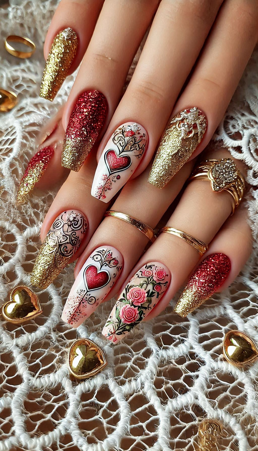 Mesmerizing Glitter Nail Art Ideas to Turn Heads | Pocoko Red and golden glitter nails are the ultimate in chic elegance. Sparkle and shine with this stunning combo!