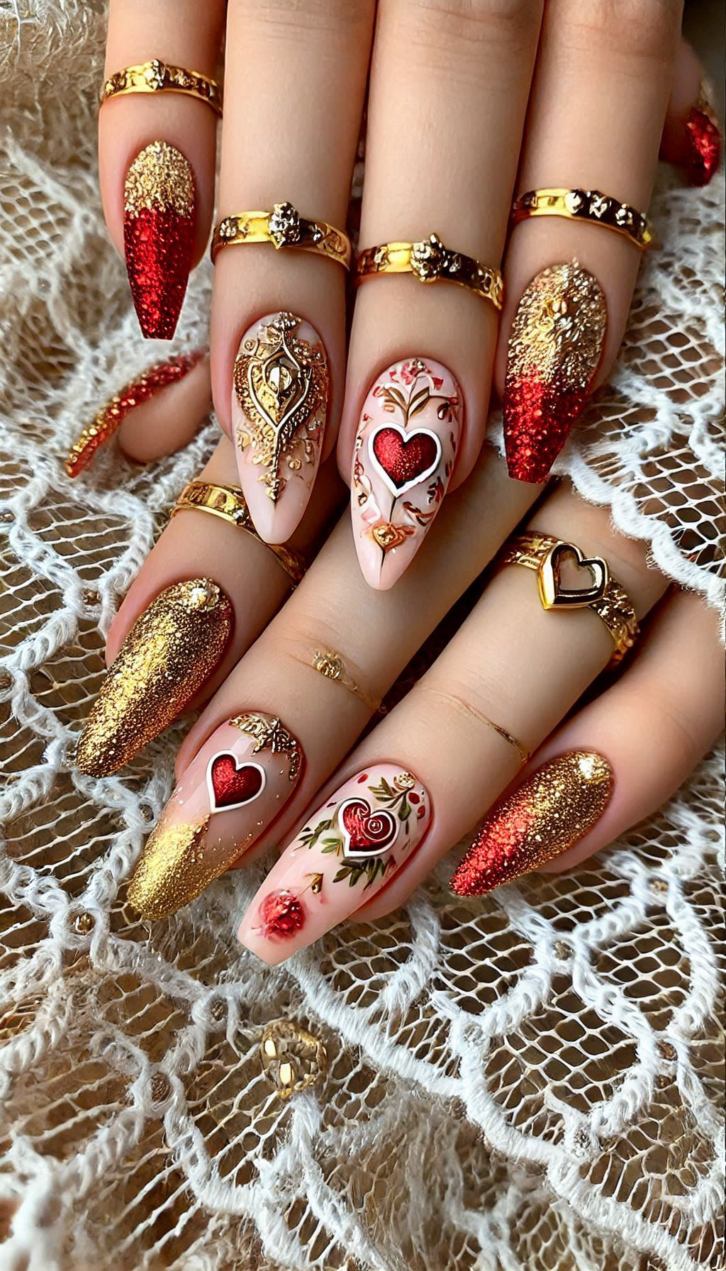 Mesmerizing Glitter Nail Art Ideas to Turn Heads | Pocoko Red and golden glitter nails add a touch of luxury and fun to your look. Perfect for making a statement!