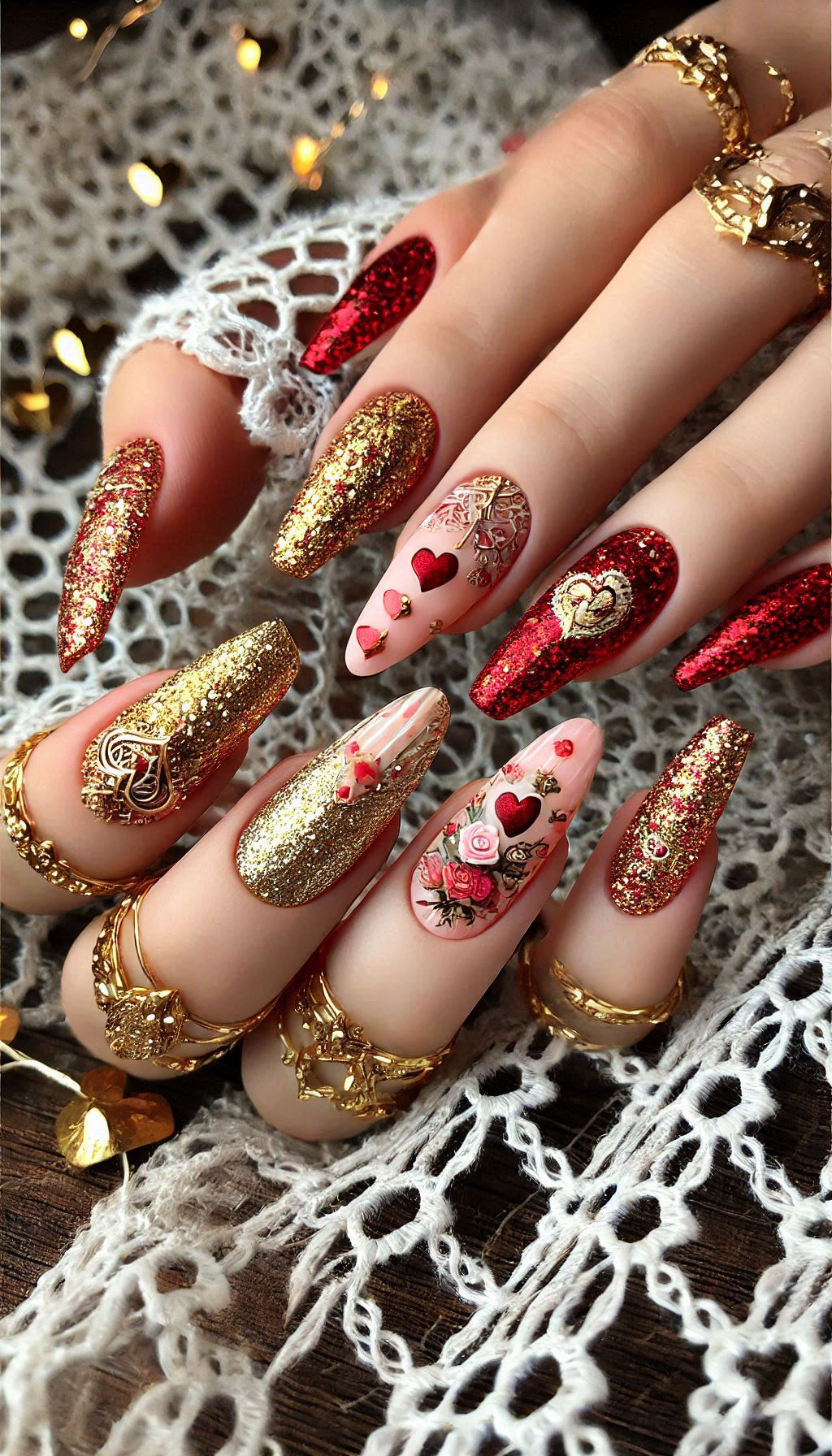 Mesmerizing Glitter Nail Art Ideas to Turn Heads | Pocoko Get ready to dazzle with red and golden glitter nails. A chic and elegant look that’s sure to shine!