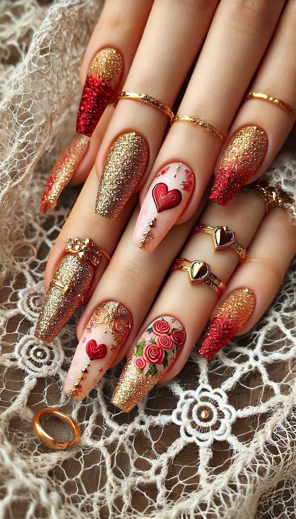 Mesmerizing Glitter Nail Art Ideas to Turn Heads | Pocoko Turn your nails into a show-stopping masterpiece with red and golden glitter. It's a combination that screams elegance and fun!