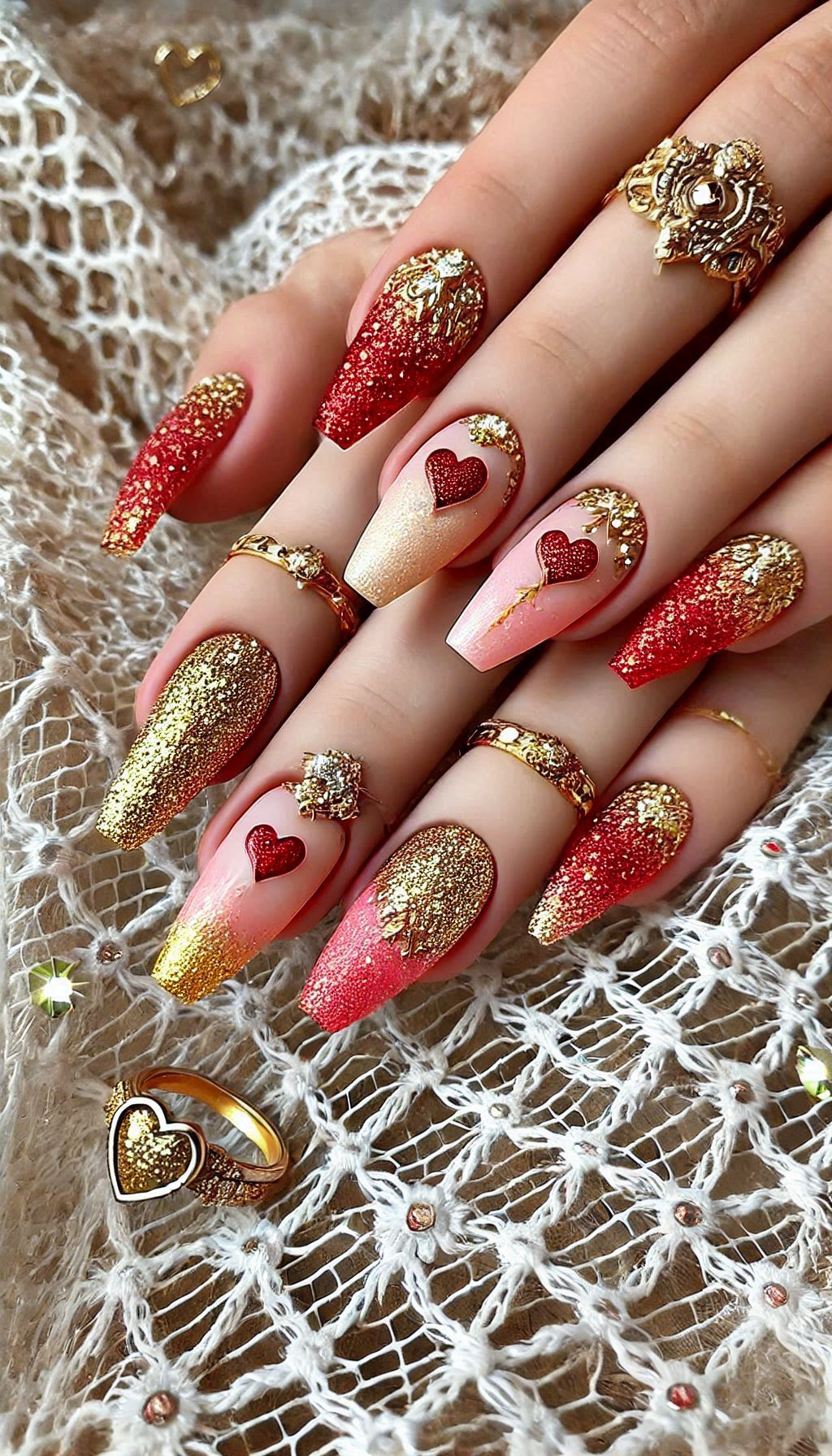 Mesmerizing Glitter Nail Art Ideas to Turn Heads | Pocoko Get ready to dazzle with red and golden glitter nails. A glamorous and chic look that’s perfect for any occasion!
