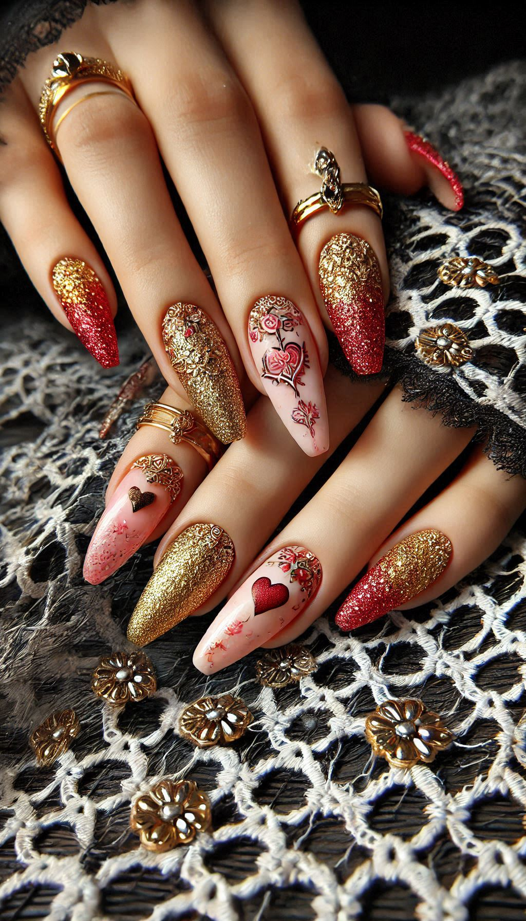 Mesmerizing Glitter Nail Art Ideas to Turn Heads | Pocoko Red and golden glitter nails: because who says you can’t have both elegance and sparkle? Perfect for a stunning manicure!