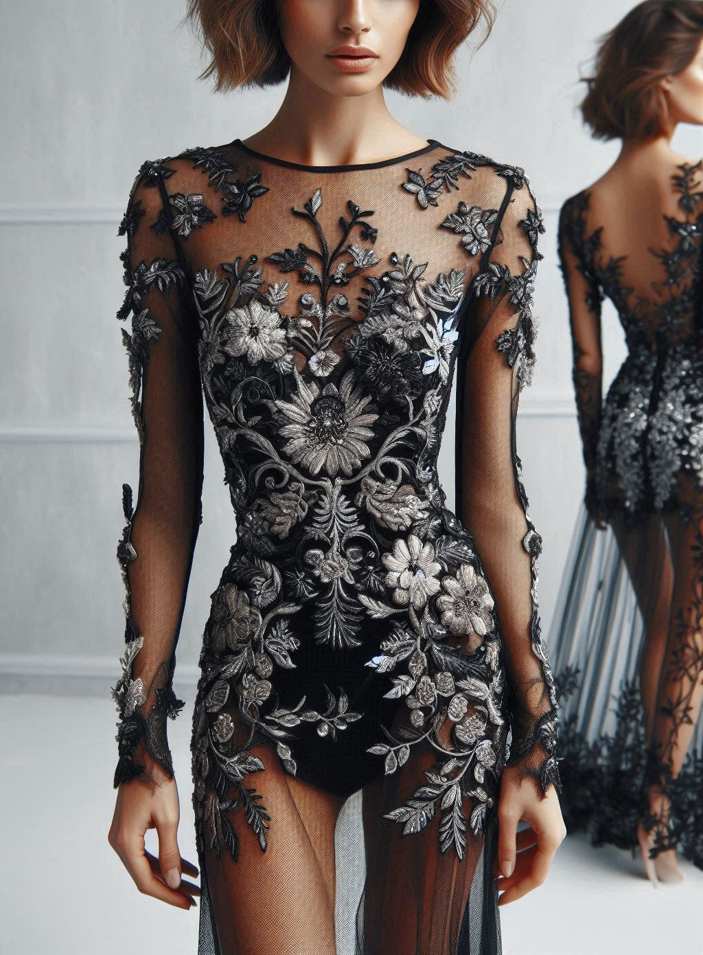 Black and silver floral lace embroidery makes this dress an absolute knockout! Perfect for those who love to make a bold, elegant statement.