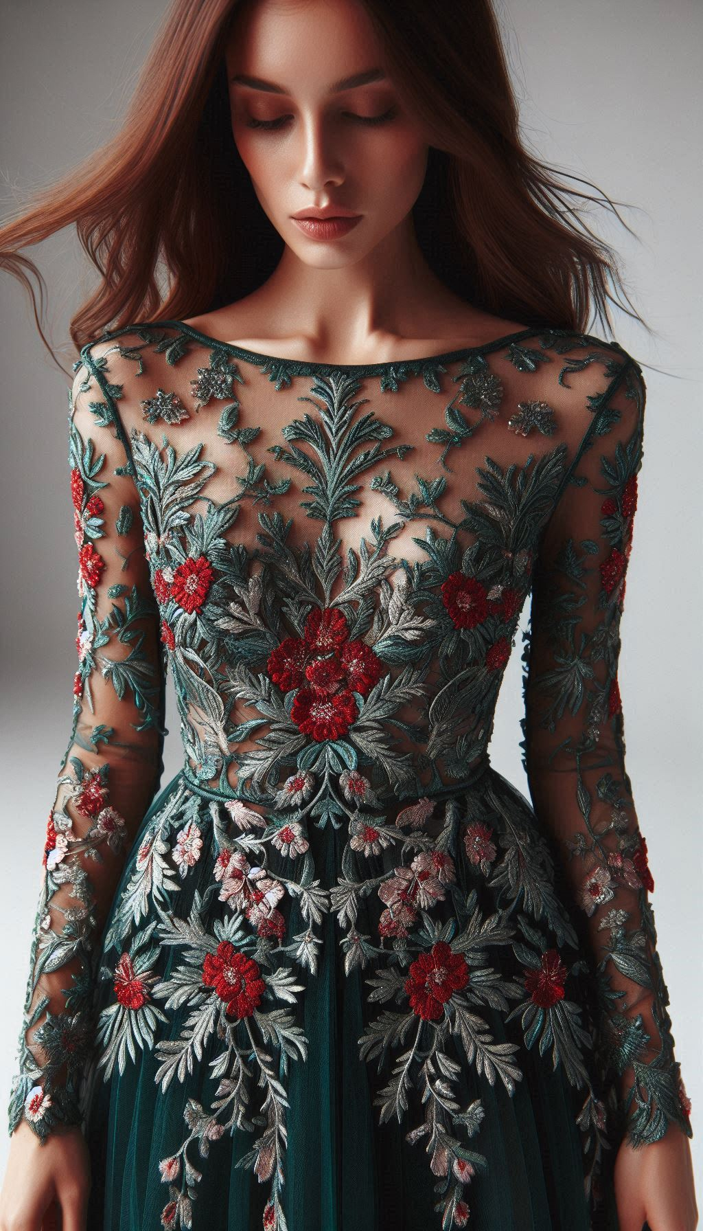 Step into a world of elegance with this forest green dress, adorned with red floral lace embroidery. A timeless piece for any fashion-forward wardrobe!