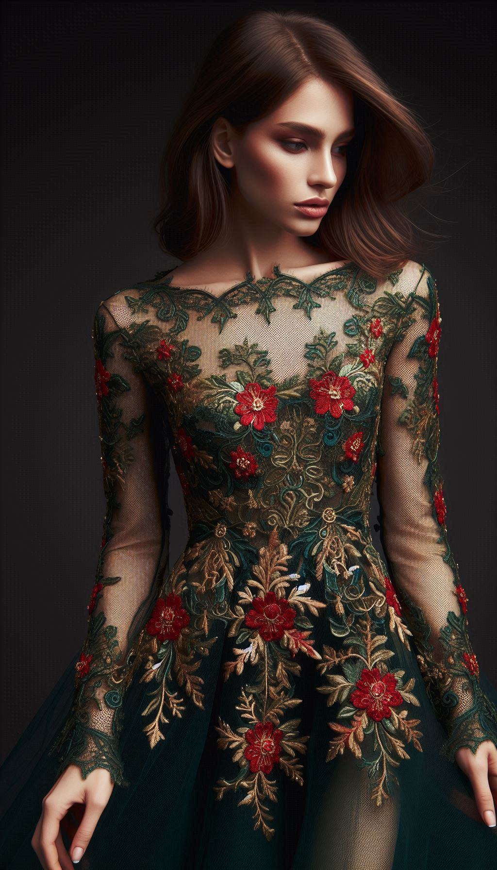 Channel your inner woodland fairy with this forest green dress featuring stunning red floral lace embroidery. An enchanting choice for any occasion!