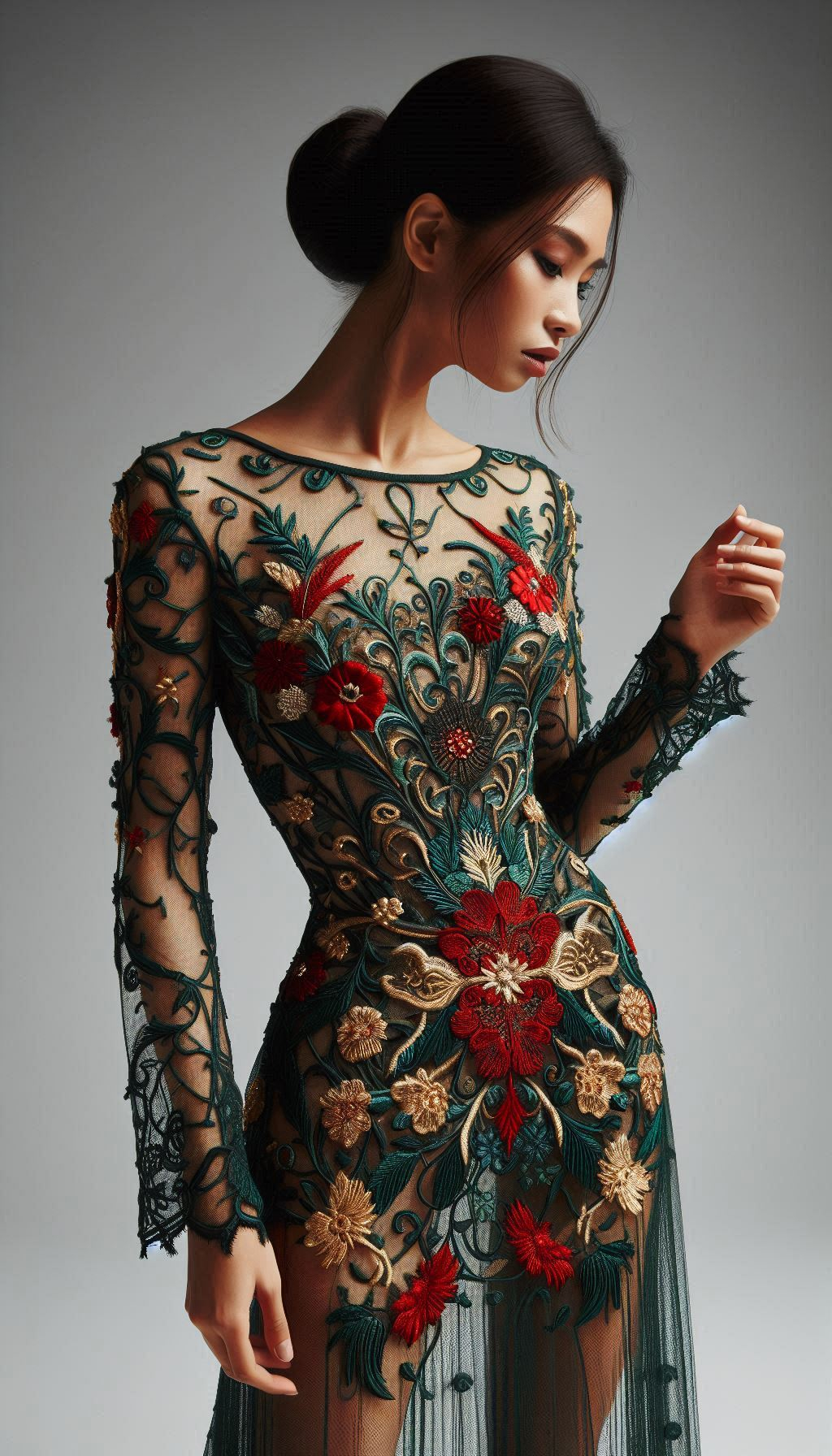 Elevate your wardrobe with this forest green dress, beautifully detailed with red floral lace embroidery. Perfect for making a stylish statement!
