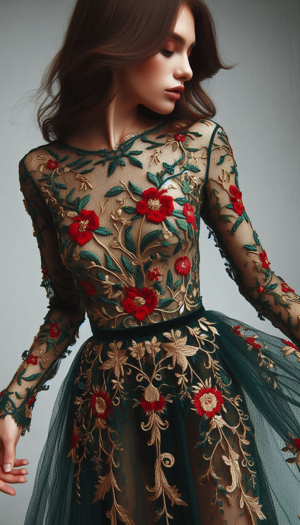 Ready to make a bold entrance? This forest green dress with red floral lace embroidery is your ticket to a show-stopping look.
