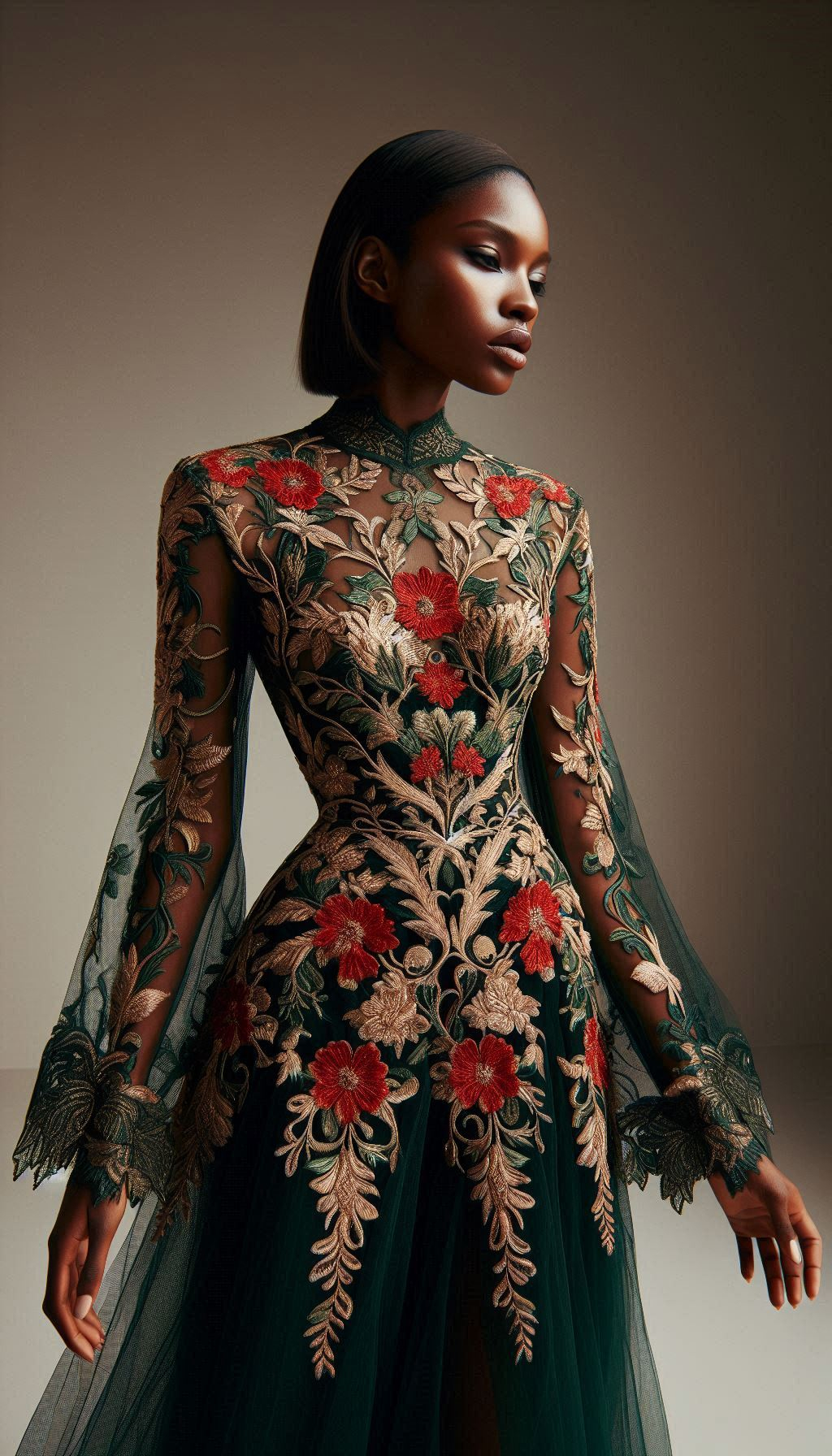 Unleash your inner enchantress with this forest green dress adorned with red floral lace embroidery. A stunning choice for any event!