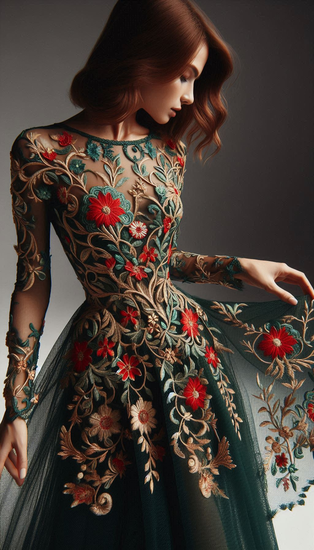 Turn heads with this forest green dress, featuring intricate red floral lace embroidery. A perfect blend of sophistication and charm!
