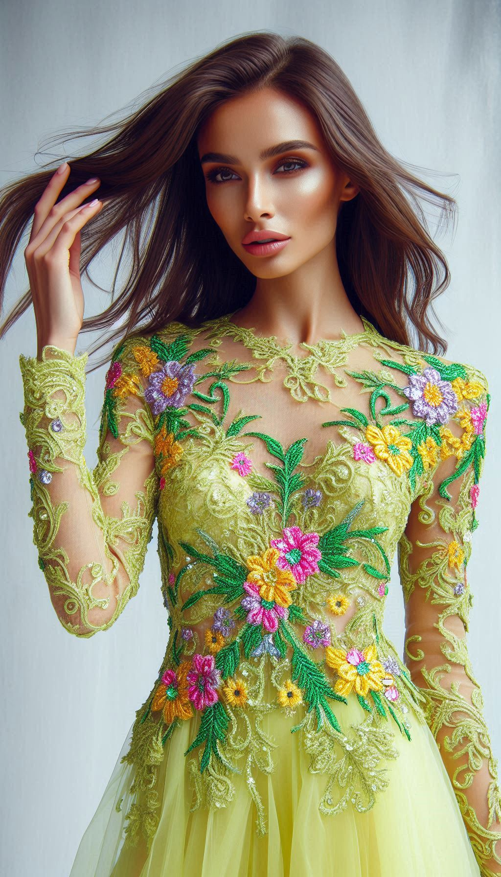 Step into a garden of delight with this lemon green dress adorned with colorful floral lace embroidery. Perfect for adding a splash of vibrant elegance to your look!