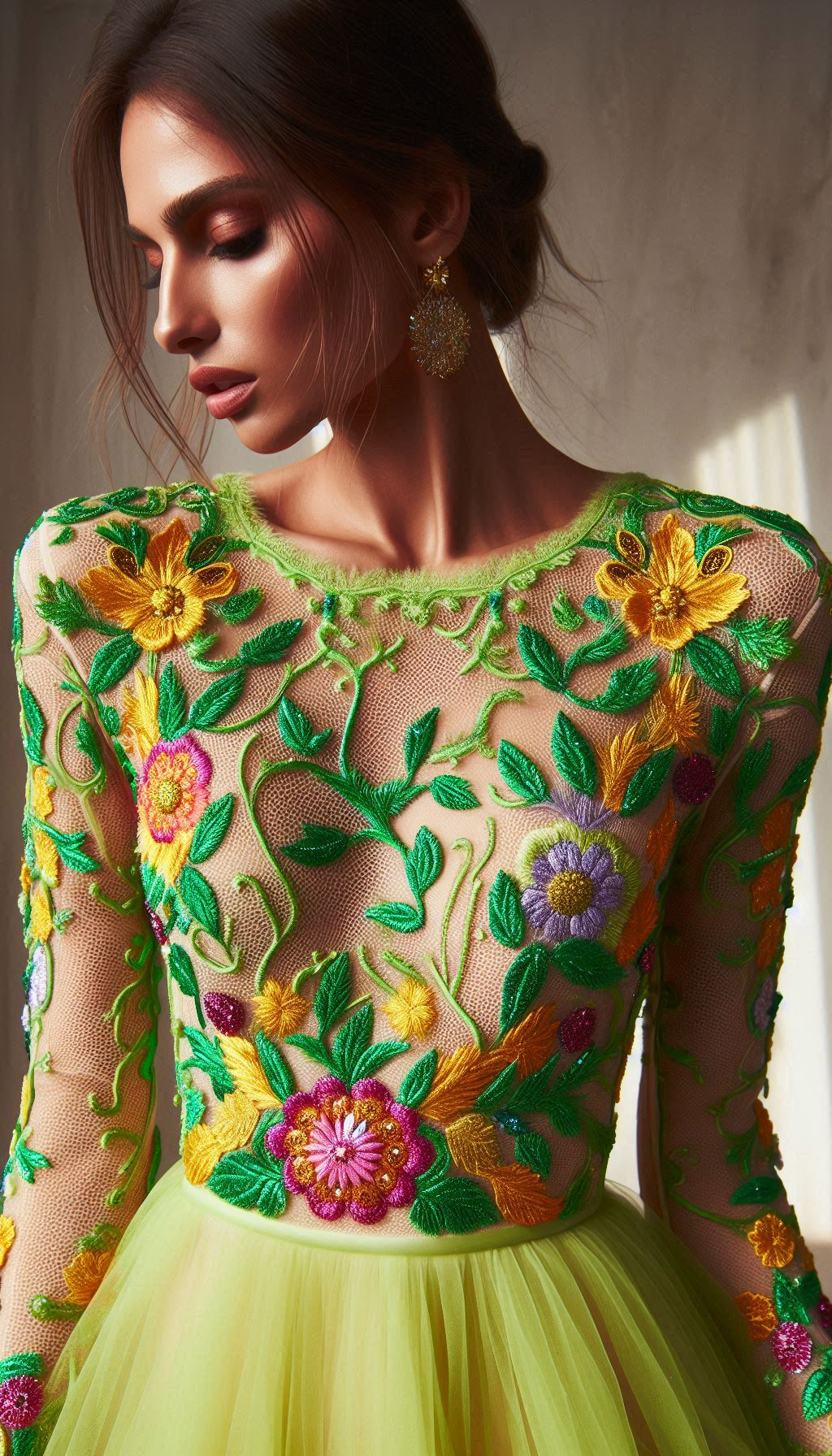 This lemon green dress with colorful floral lace embroidery is a true masterpiece. Perfect for adding a touch of elegance and fun to your style!