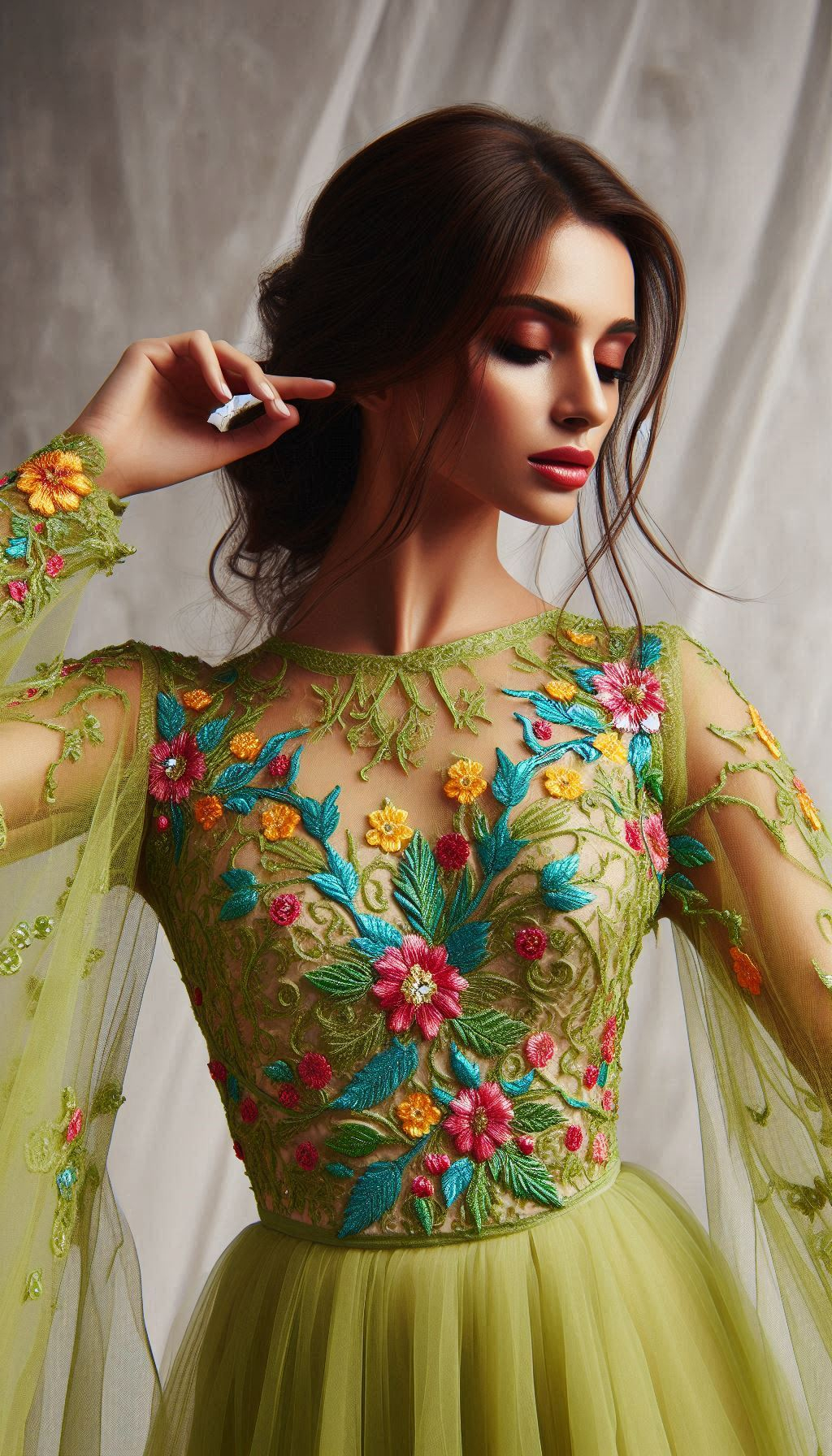 Step out in style with this lemon green dress featuring delicate colorful floral lace embroidery. A unique and eye-catching choice for any occasion!