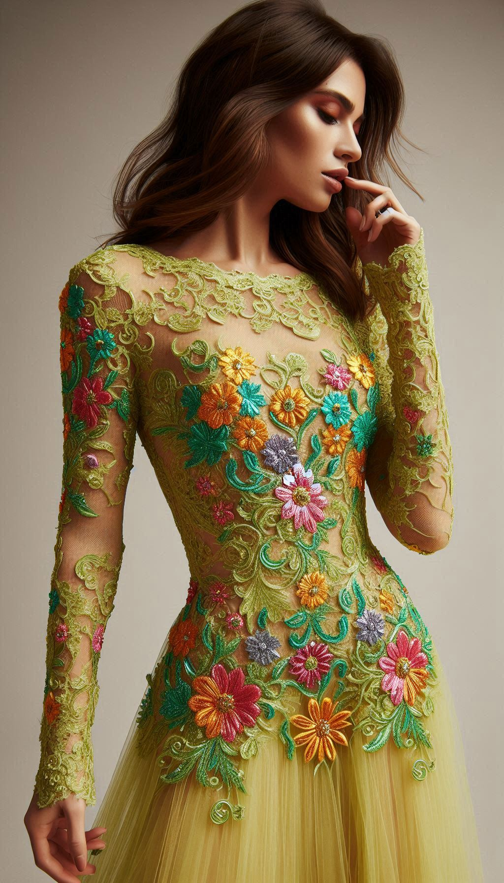 Lemon green and colorful flowers make the perfect pair in this floral lace embroidered dress. A delightful blend of elegance and playfulness!