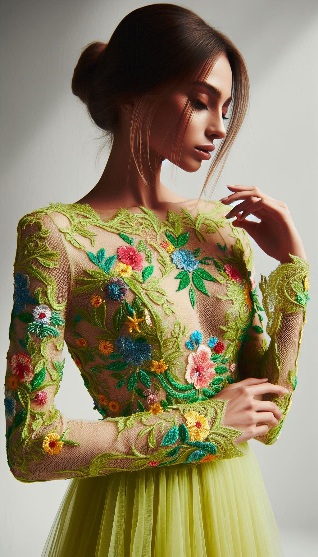 Turn heads with this lemon green dress, beautifully adorned with colorful floral lace embroidery. A captivating choice for any special event!