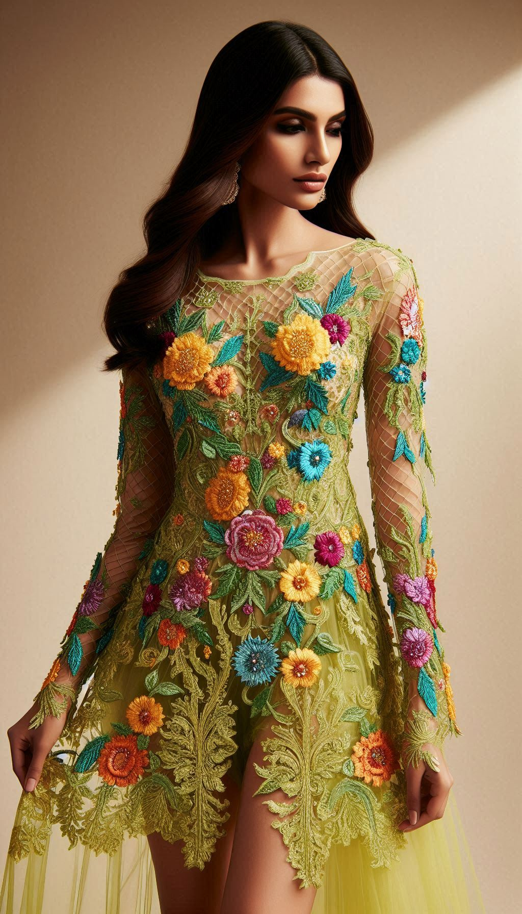 Elevate your look with this lemon green dress featuring stunning colorful floral lace embroidery. A perfect blend of sophistication and charm!