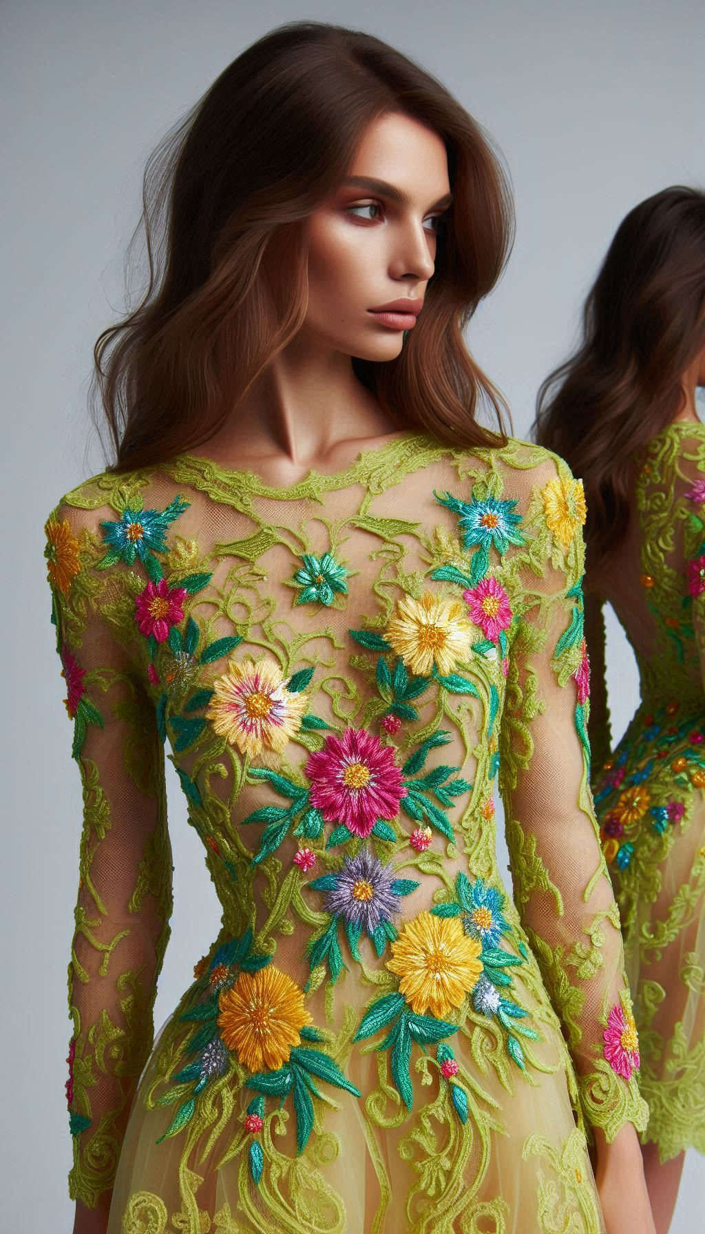 Make a lasting impression with this lemon green dress, adorned with intricate colorful floral lace embroidery. A vibrant and elegant choice for any event!