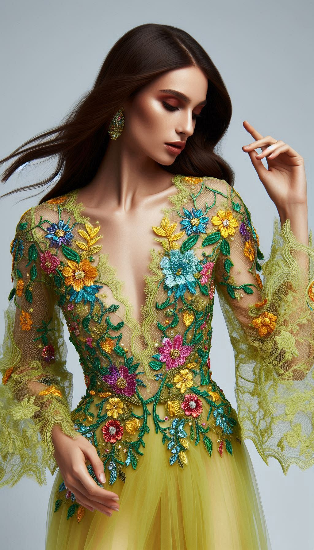 Step into a garden of delight with this lemon green dress adorned with colorful floral lace embroidery. Perfect for adding a splash of vibrant elegance to your look!