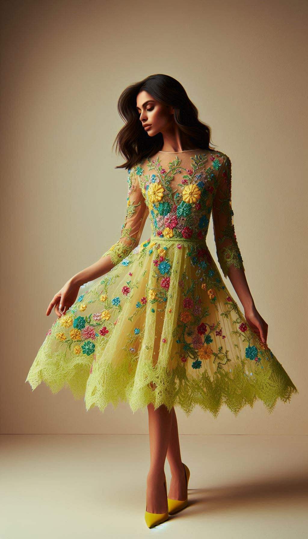 Lemon green with colorful flowers? Yes, please! This floral lace embroidered dress is a refreshing burst of charm and beauty.