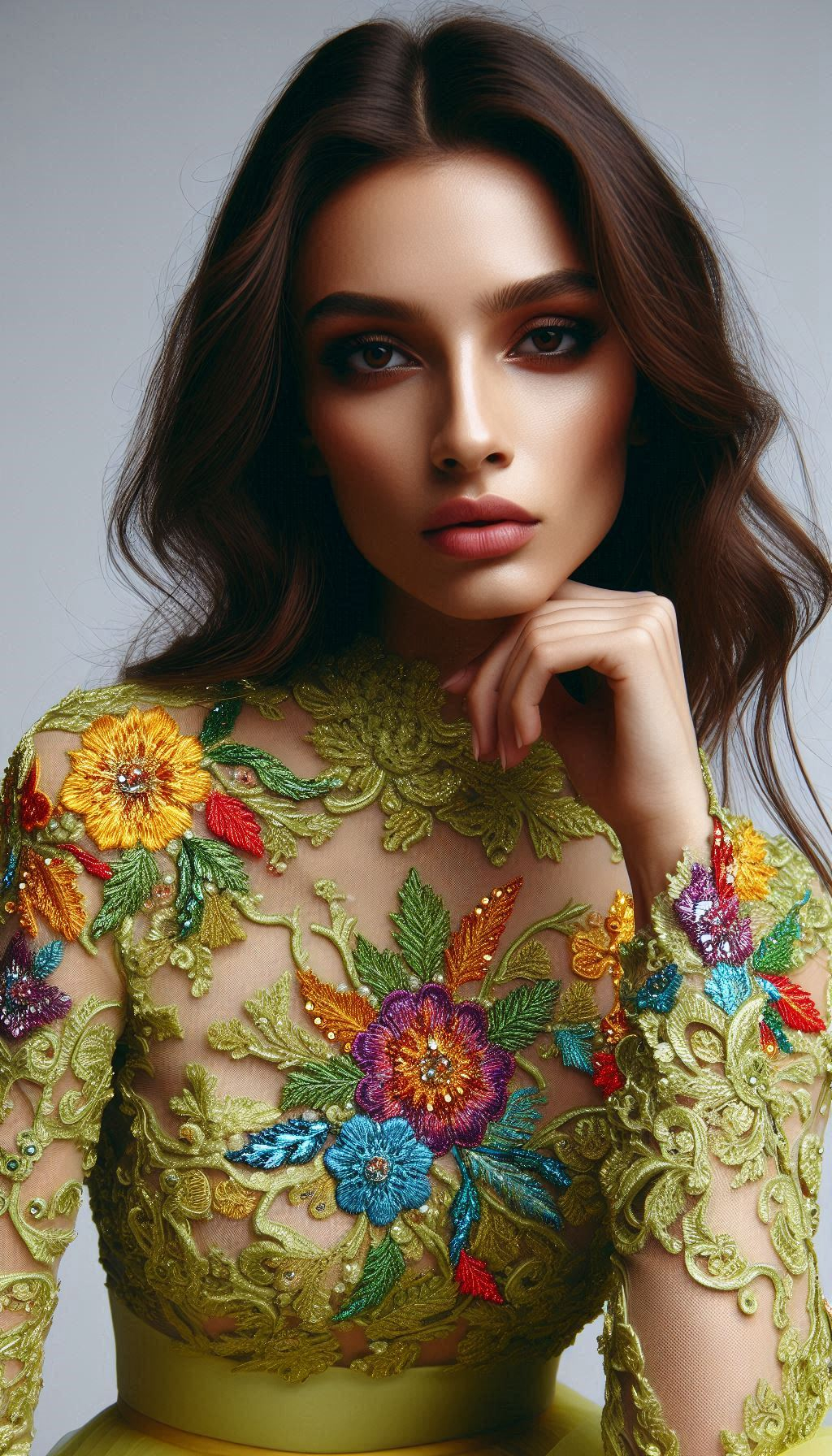 Turn heads with this lemon green dress featuring intricate colorful floral lace embroidery. A perfect blend of whimsy and sophistication!