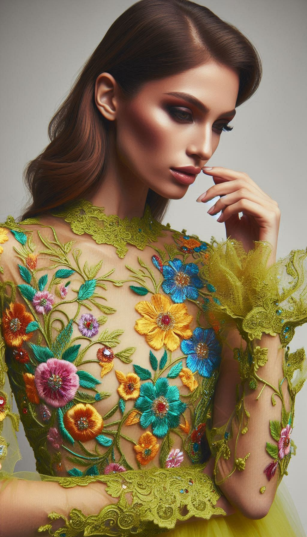 Make a vibrant entrance with this lemon green dress adorned with colorful floral lace embroidery. Perfect for those who love to stand out!