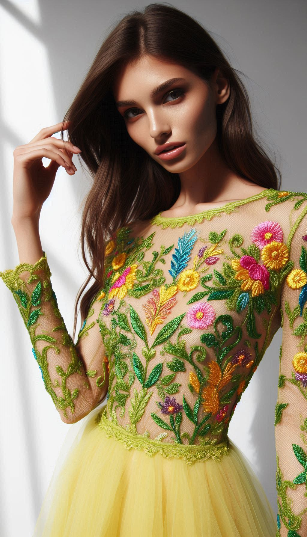 Step into the spotlight with this lemon green dress featuring stunning colorful floral lace embroidery. A dazzling choice for any event!