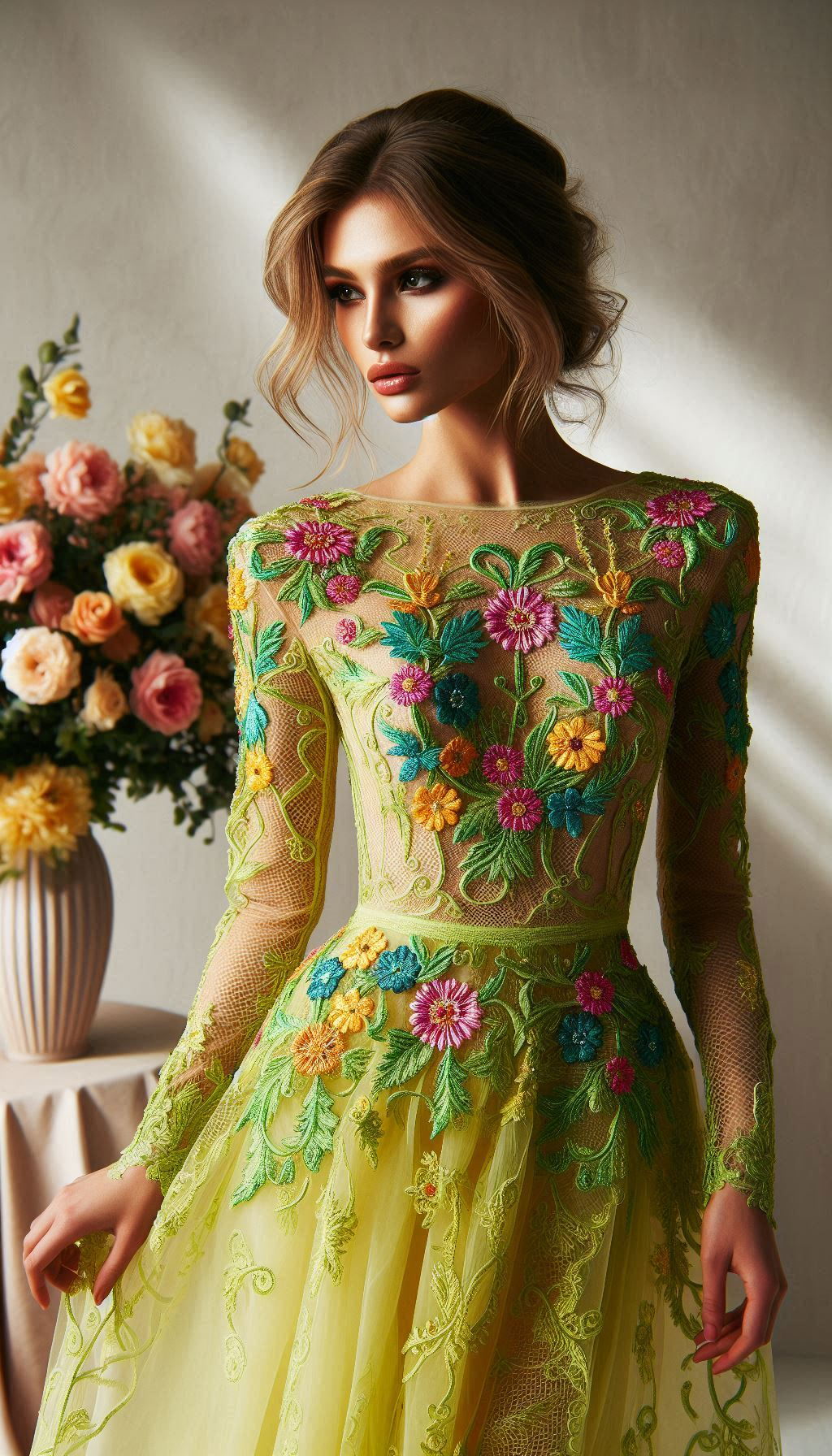 Turn up the charm with this lemon green dress, beautifully embellished with colorful floral lace embroidery. A show-stopping piece for any wardrobe!