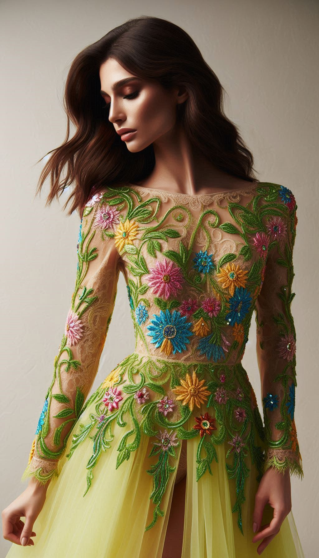 Turn heads with this lemon green dress featuring intricate colorful floral lace embroidery. A perfect blend of whimsy and sophistication!