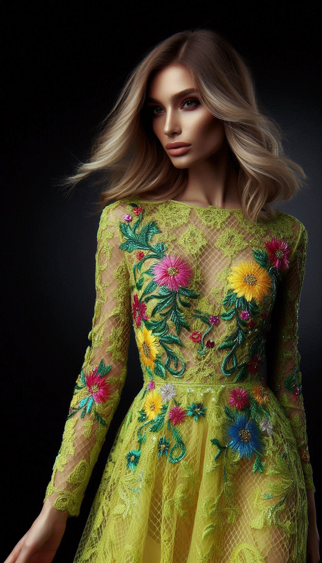 Elevate your style with this lemon green dress, beautifully detailed with colorful floral lace embroidery. A stunning choice for any occasion!