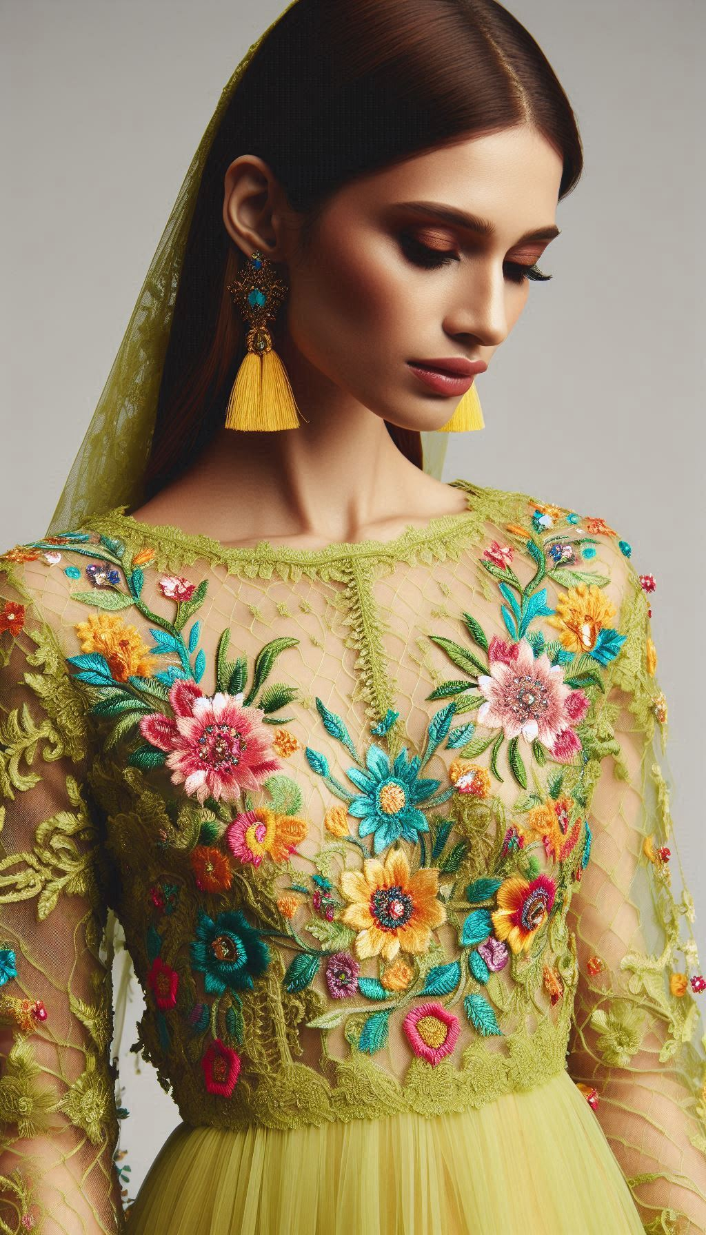 Make a vibrant entrance with this lemon green dress adorned with colorful floral lace embroidery. Perfect for those who love to stand out!