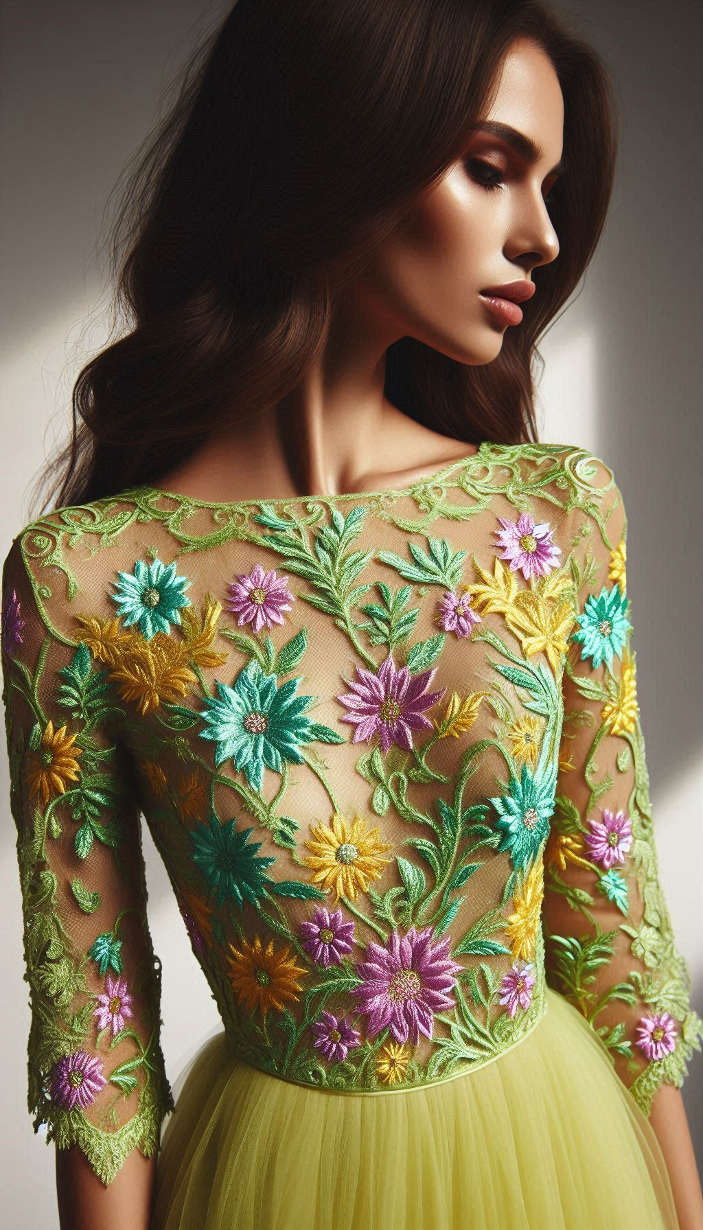 Step into the spotlight with this lemon green dress featuring stunning colorful floral lace embroidery. A dazzling choice for any event!Step into the spotlight with this lemon green dress featuring stunning colorful floral lace embroidery. A dazzling choice for any event!