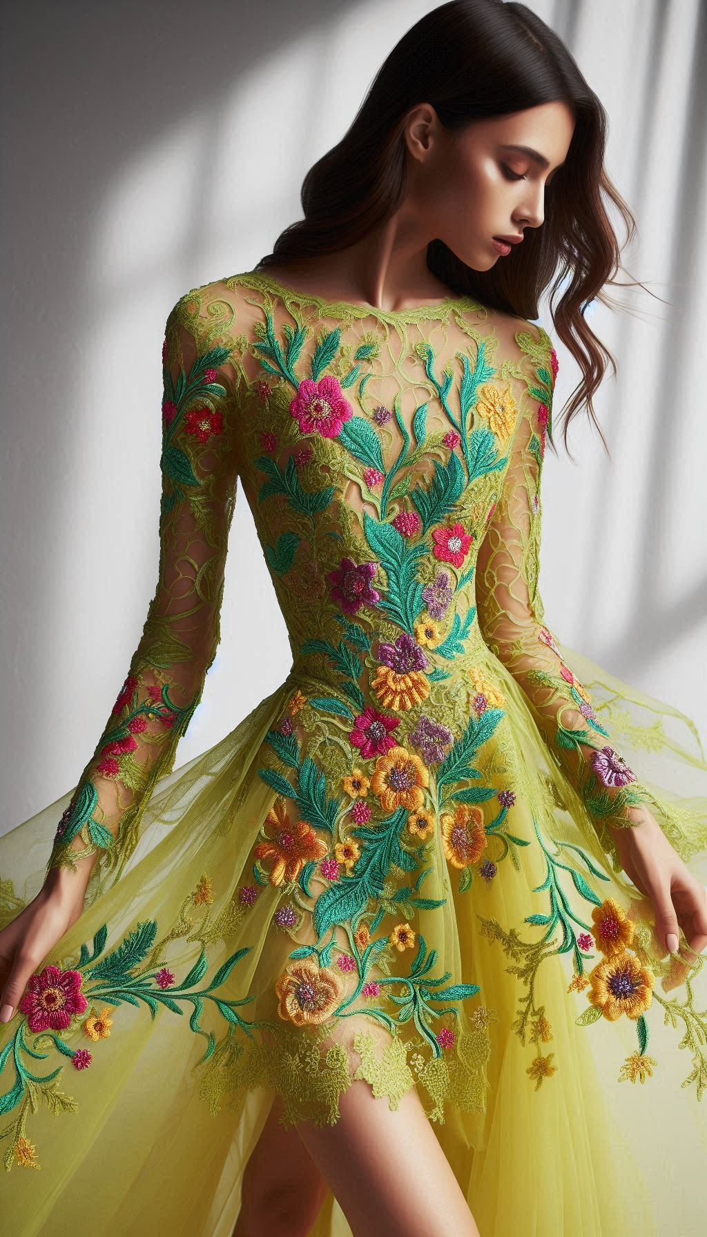 Turn up the charm with this lemon green dress, beautifully embellished with colorful floral lace embroidery. A show-stopping piece for any wardrobe!