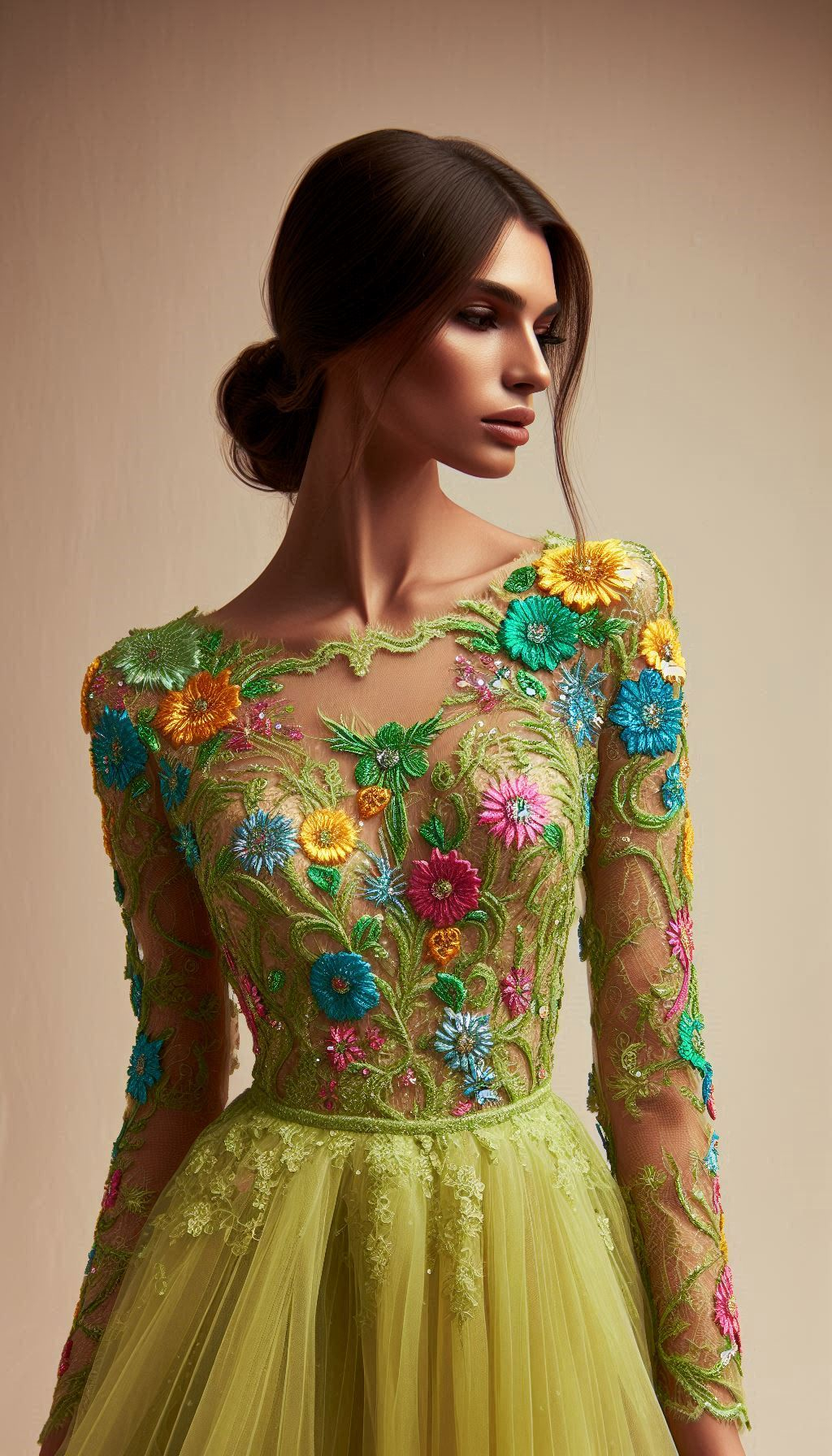 Unleash your inner fashionista with this lemon green dress adorned with colorful floral lace embroidery. A vibrant and elegant look that's sure to impress!