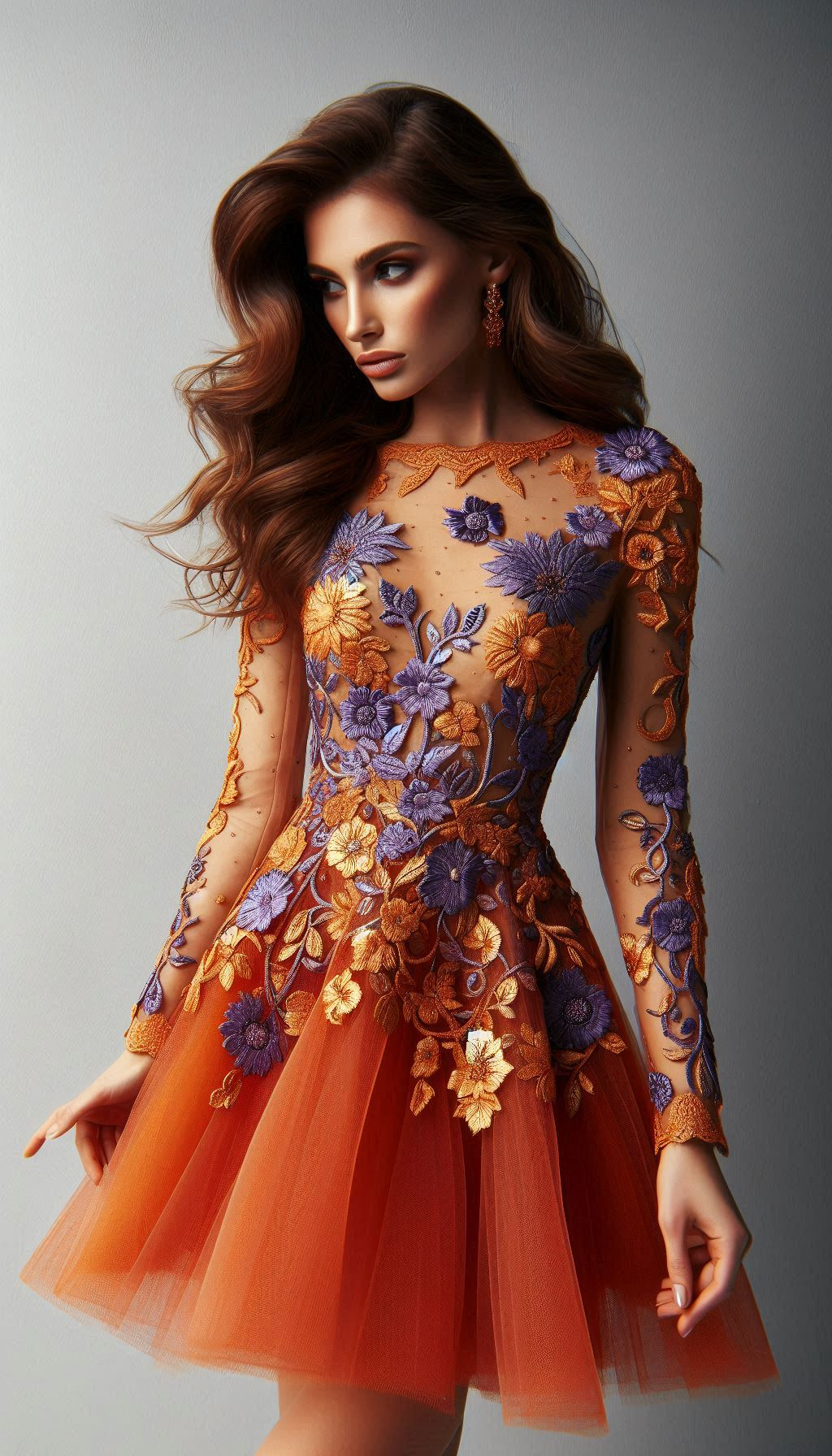 Unleash your inner fashionista with this orange dress, adorned with delicate violet floral lace embroidery. A striking and elegant choice for any event!