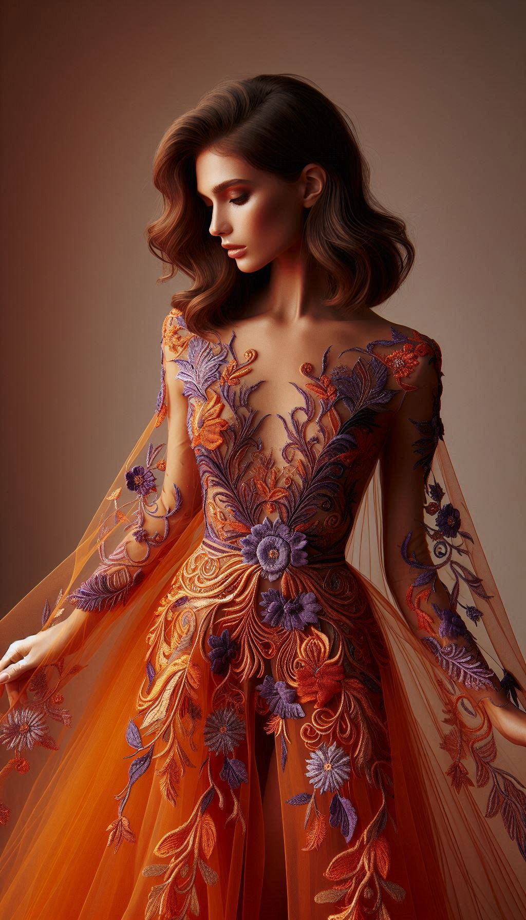 This orange dress with violet floral lace embroidery is a true masterpiece. Perfect for adding a pop of color and a touch of elegance to your look!