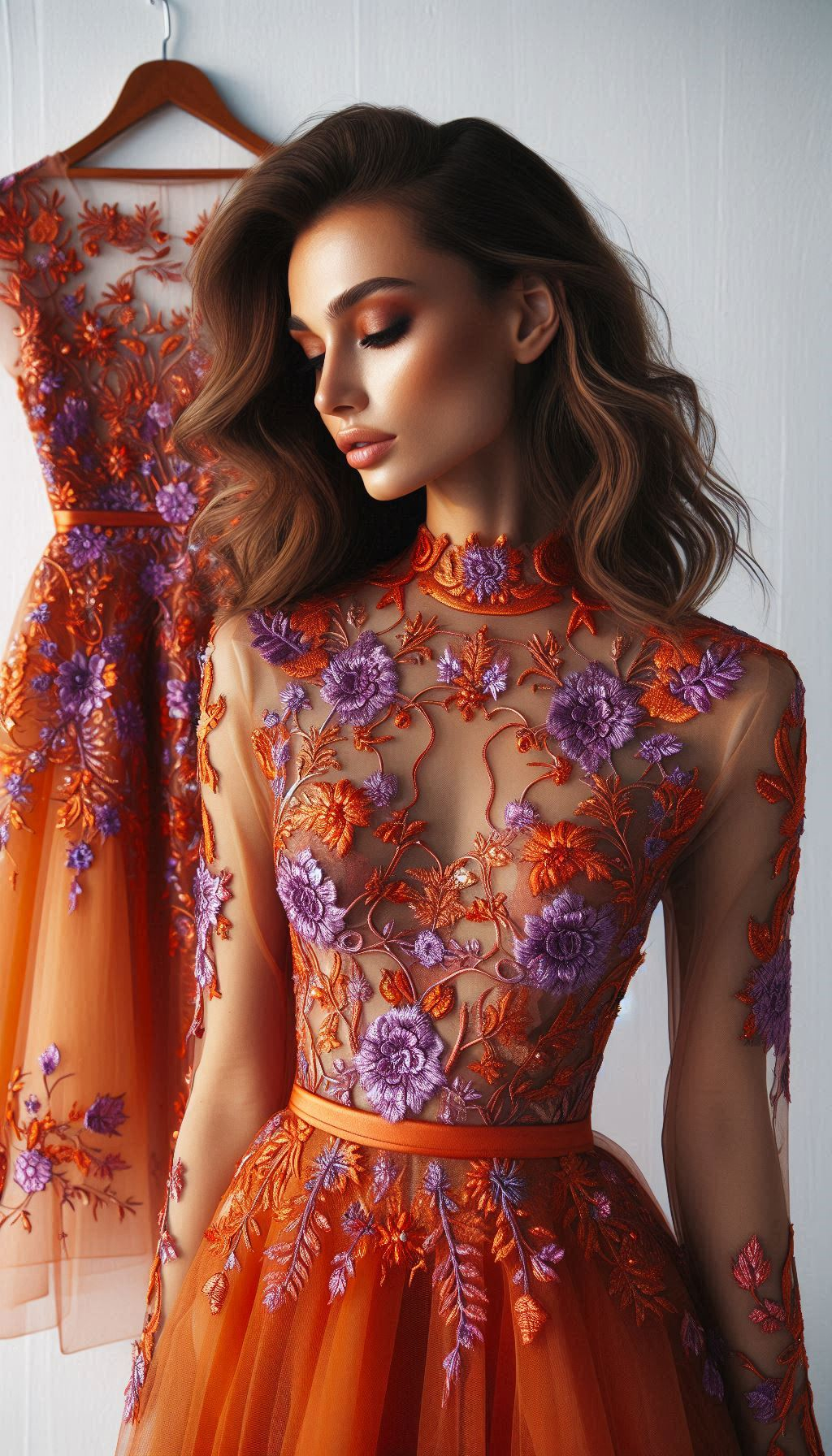 Orange with violet flowers? Yes, please! This floral lace embroidered dress is a stunning choice for those who love to stand out.