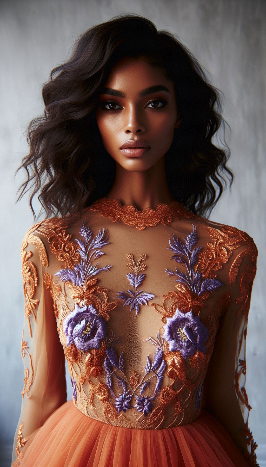 Turn up the charm with this orange dress, beautifully detailed with violet floral lace embroidery. A unique and captivating look for any occasion!
