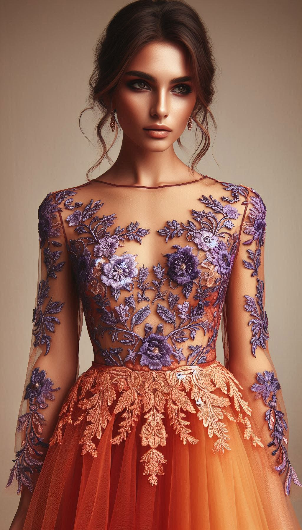 Orange and violet make the perfect pair in this floral lace embroidered dress. Ready to dazzle with this bold and beautiful ensemble?