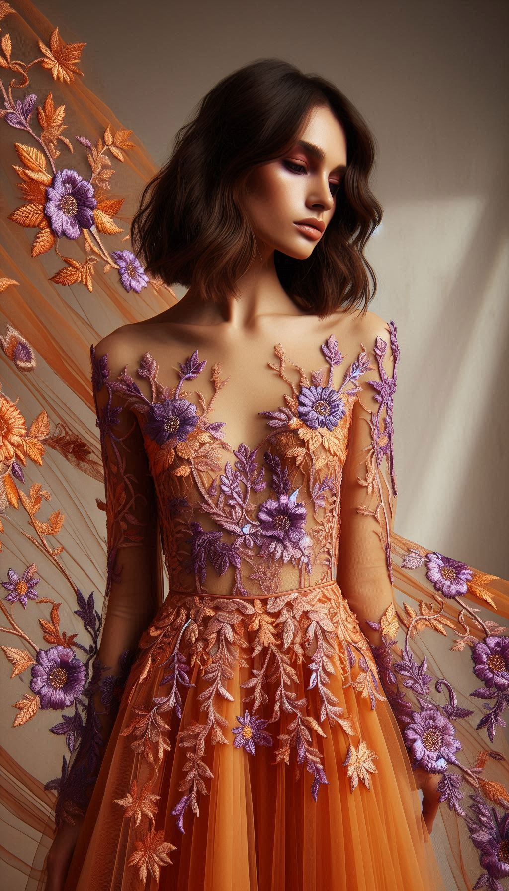 Elevate your style with this orange dress, adorned with intricate violet floral lace embroidery. A mesmerizing combination of colors and textures!