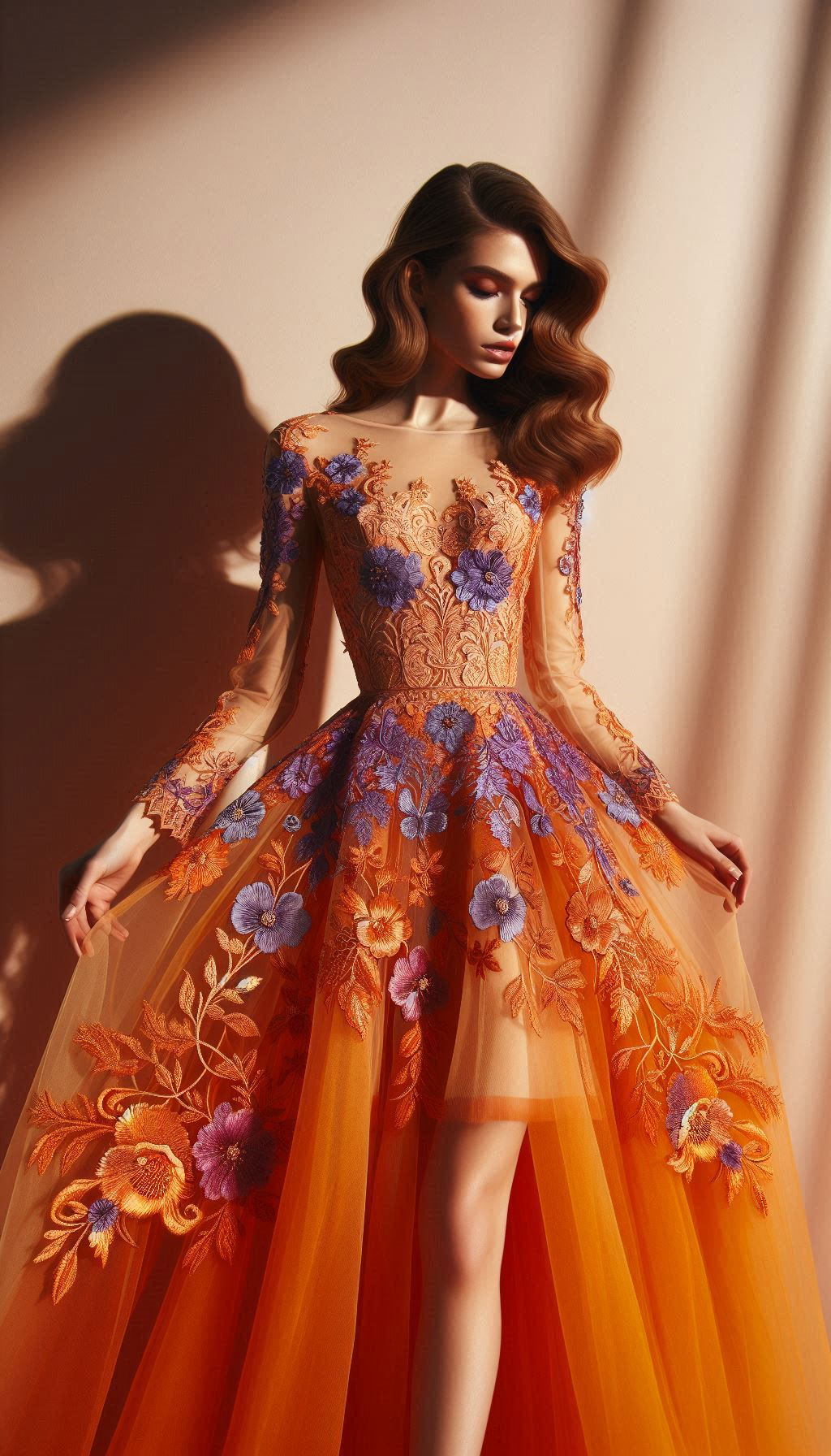 Step into the spotlight with this orange dress featuring stunning violet floral lace embroidery. Perfect for adding a touch of whimsy to your wardrobe!